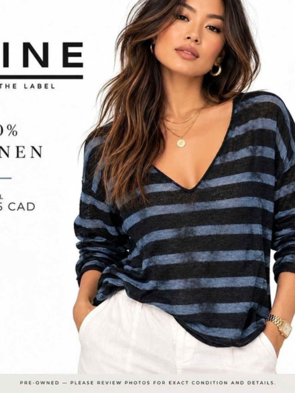 LINE Striped Linen V-Neck Top Size Large 100% Linen